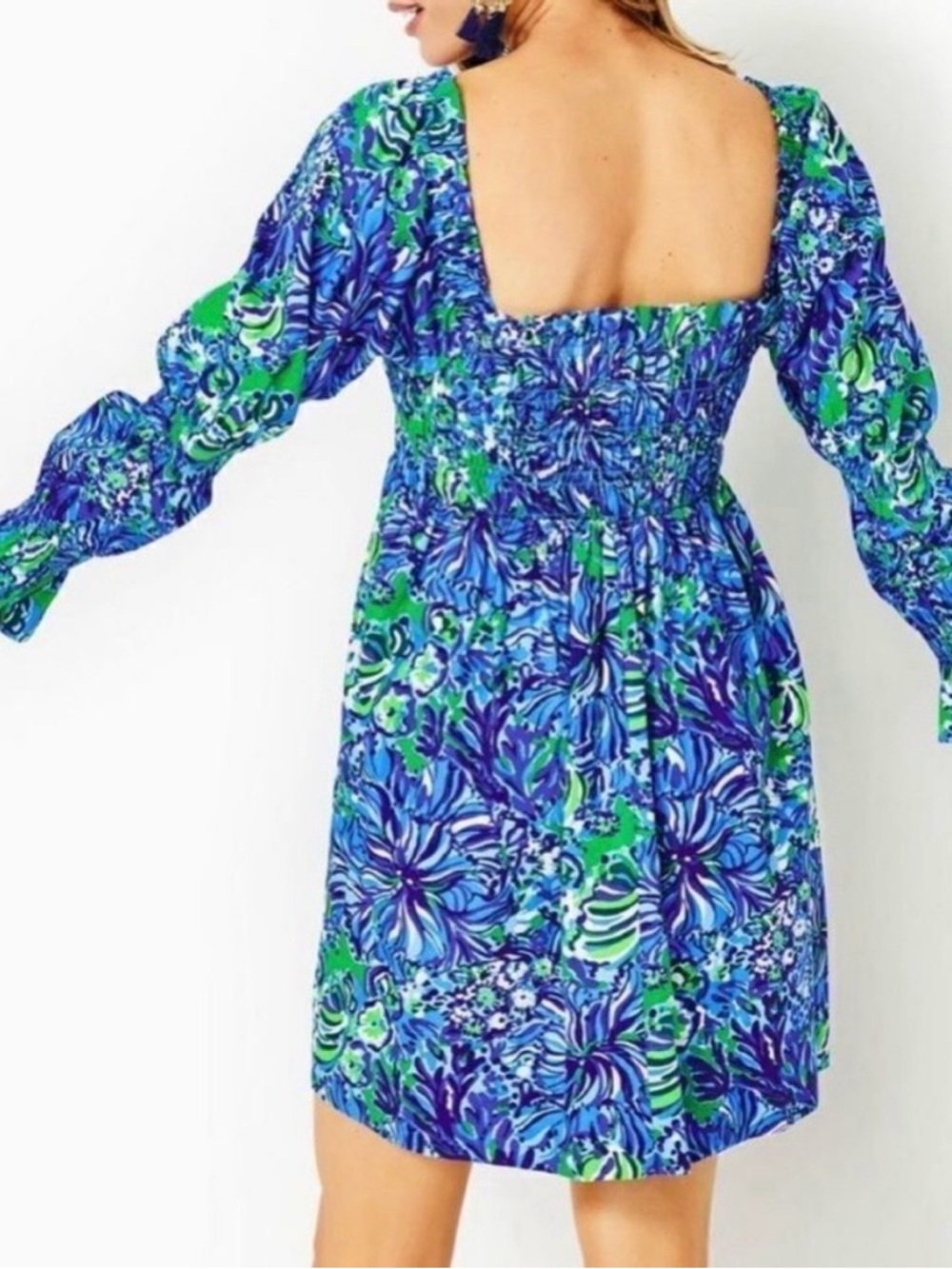 Lilly Pulitzer Beyonca Smocked Floral Mini Dress Women’s Small Blue Green Pocket - Picture 2 of 13